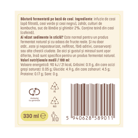Kombucha cu ghimbir si lamaie, 330 ml, Zenvita 655043