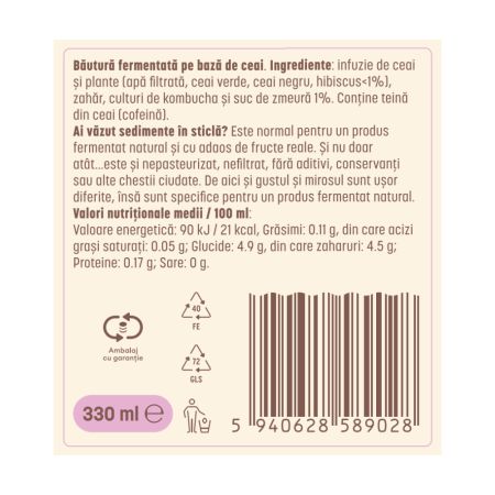 Kombucha cu zmeura si hibiscus, 330 ml, Zenvita 655056
