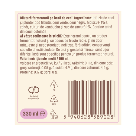 Kombucha cu zmeura si hibiscus, 330 ml, Zenvita 655056