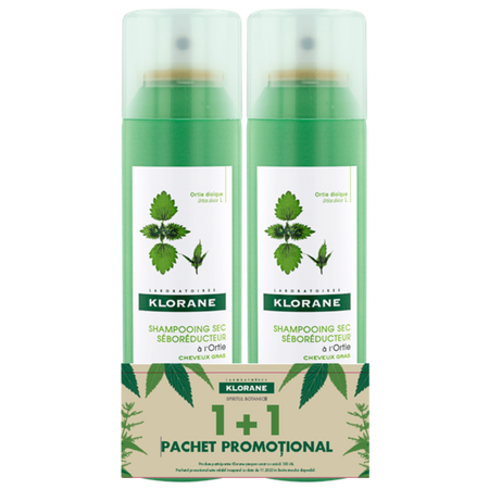 Pachet Sampon uscat cu extract de urzica, 150 ml + 150 ml, Klorane