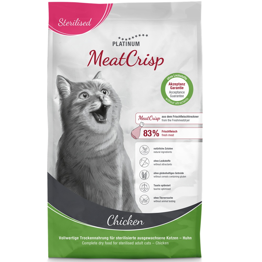 Hrana uscata cu pui pentru pisici adulte sterilizate MeatCrisp Cat, 1,5 kg, Platinum