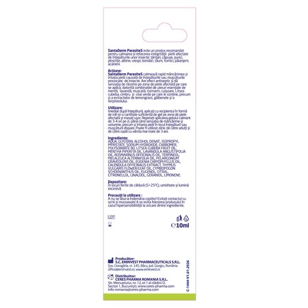 Gel tip roll on impotriva intepaturilor de insecte Santaderm Parasites, 10 ml, Viva Pharma 739427