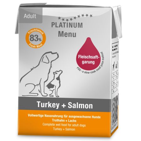 Hrana umeda cu somon si curcan pentru caini adulti Dog, 185 g, Platinum 655842