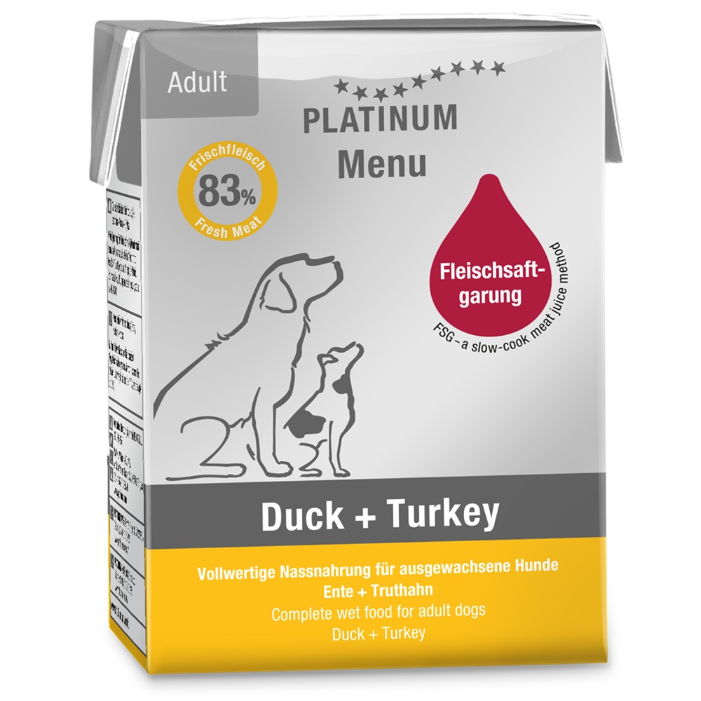 Hrana umeda cu rata si curcan pentru caini adulti Dog, 185 g, Platinum