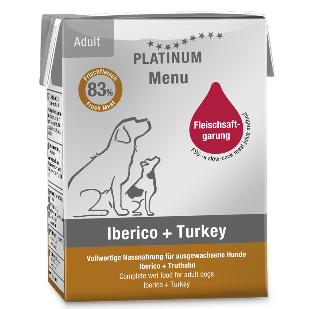 Hrana umeda cu Iberico si curcan pentru caini adulti Dog, 185 g, Platinum