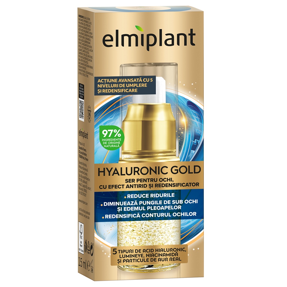 Ser pentru ochi cu efect antirid Hyaluronic Gold, 15 ml, Elmiplant