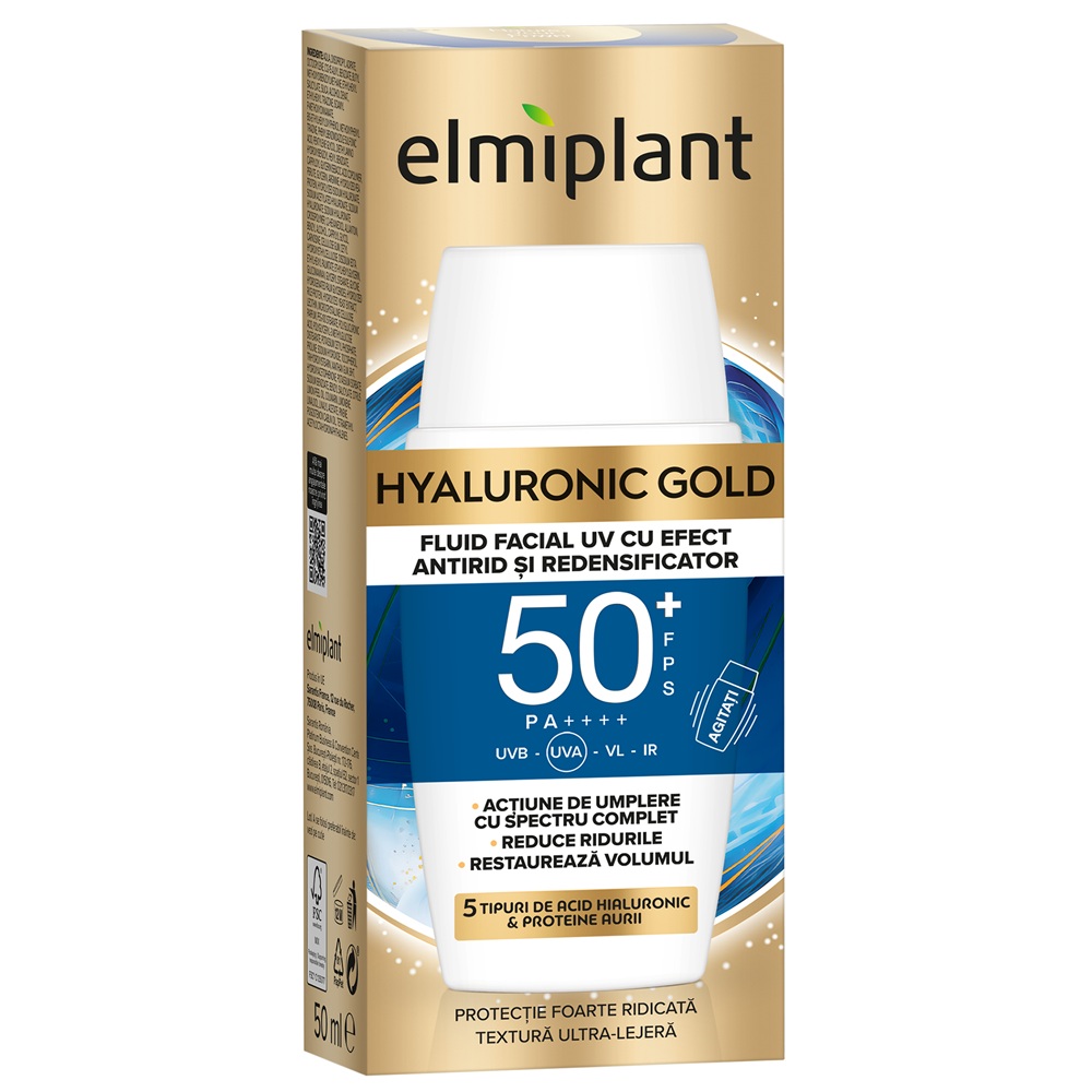 Fluid de fata antirad si redensificator cu SPF 50+ Hyaluronic Gold, 50 ml, Elmiplant