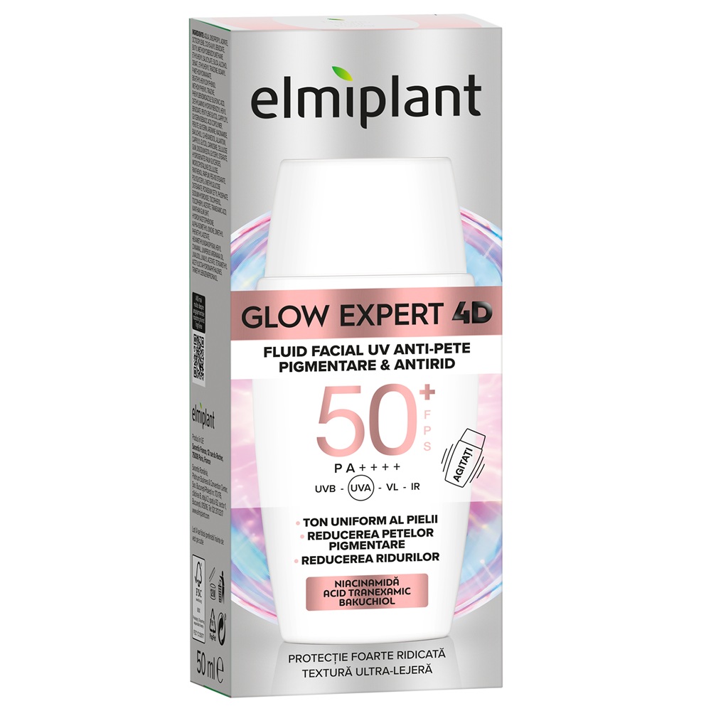 Fluid de fata anti-pete si anti-rid cu SPF 50+ Glow Expert 4D, 50 ml, Elmiplant