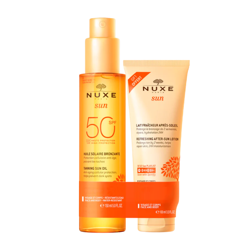 Set Ulei pentru bronzat cu SPF50 150 ml + Lotiune dupa expunerea la soare 100 ml, Nuxe