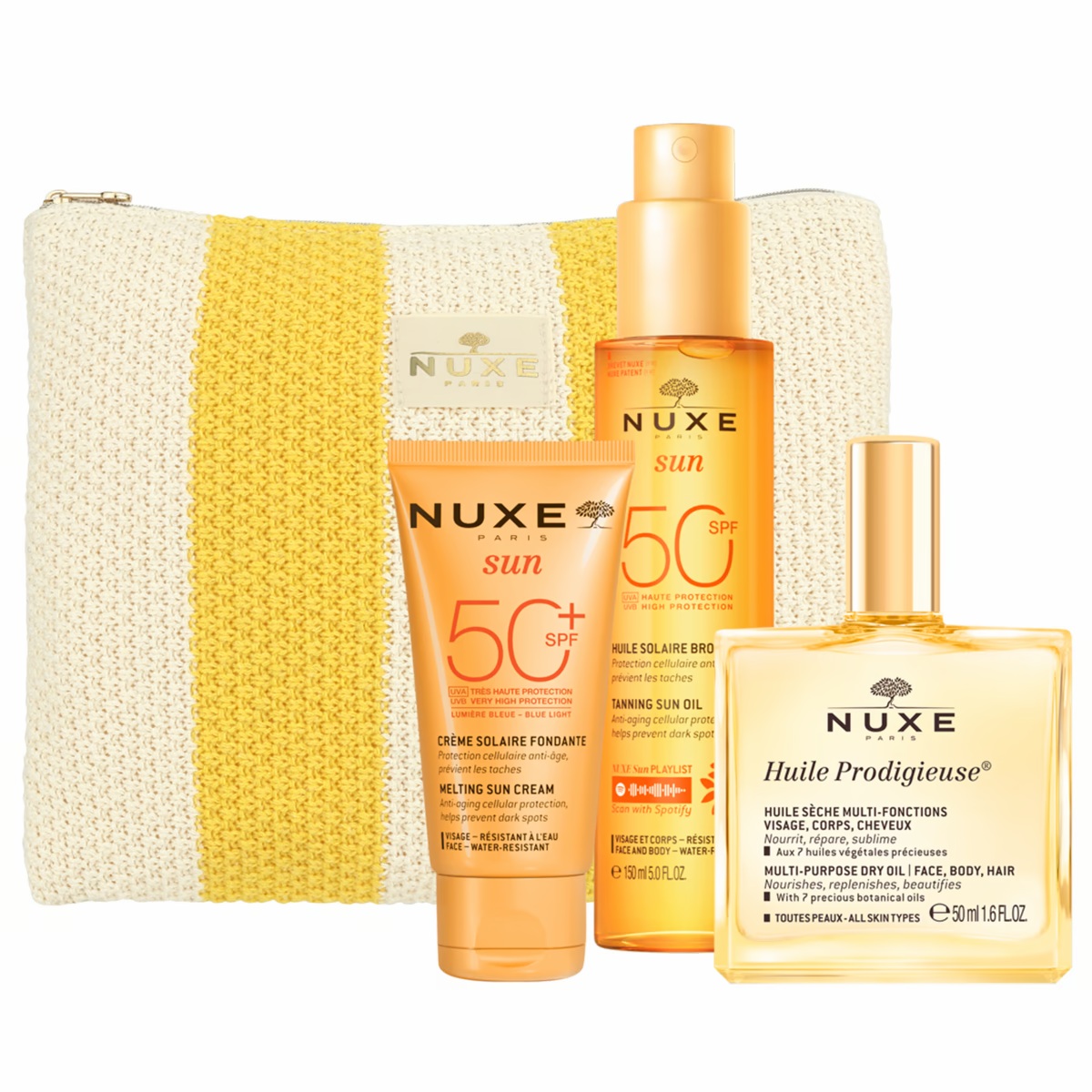 Set de vara Huile Prodigieuse 50 ml + Ulei pentru bronzat cu SPF50 150 ml + Crema de fata cu protectie solara SPF50 50 ml, Nuxe