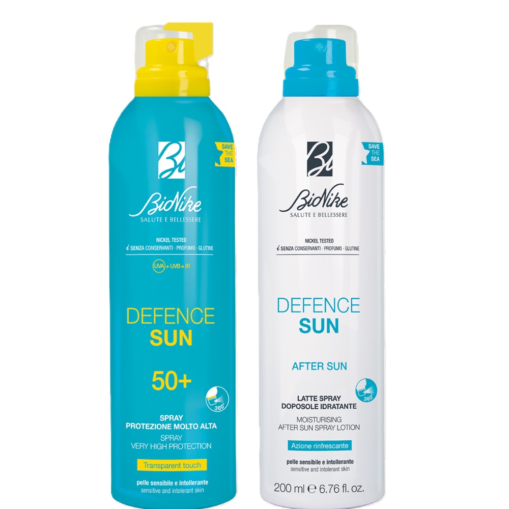 Pachet Spray protectie solara cu SPF 50+ pentru corp 200 ml si Lotiune spray calmanta dupa soare 200 ml Defence Sun, BioNike