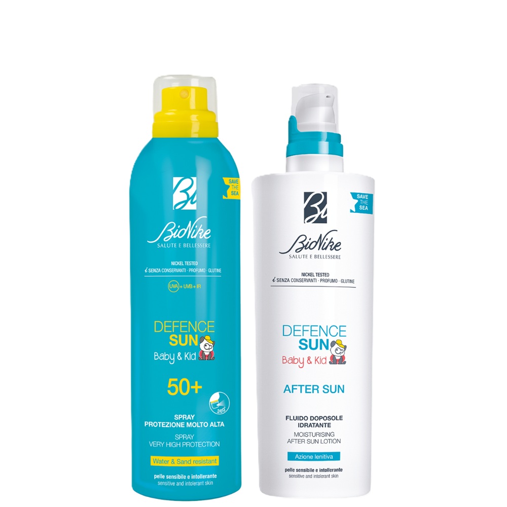 Pachet Spray pentru protectie solara cu SPF 50+ pentru copii 200 ml si Lotiune fluida hidratanta dupa soare 200 ml Defence Sun Baby, Bionike