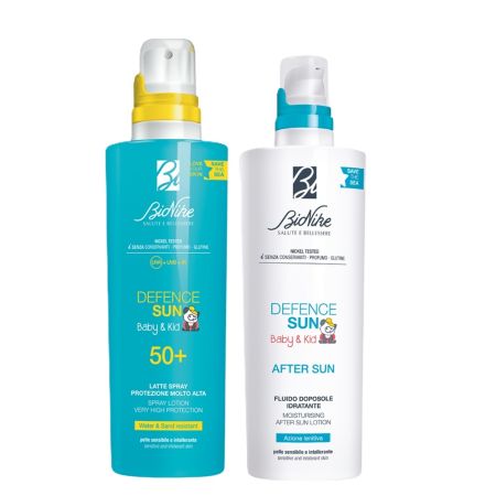 Pachet Lotiune spray pentru protectie solara cu SPF 50+ pentru copii si Lotiune fluida hidratanta calmanta dupa soare 200 ml Defence Sun Baby, Bionike