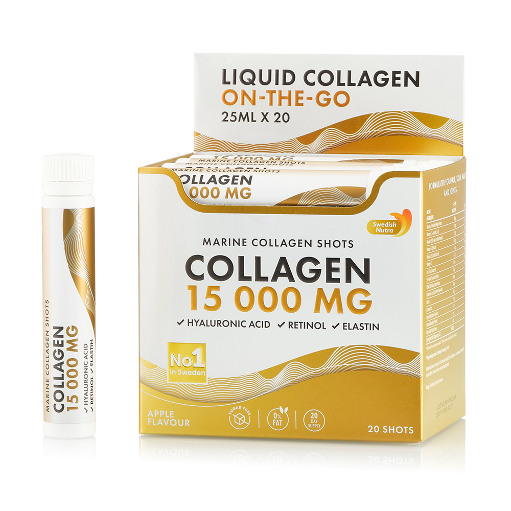 Colagen Marin Hidrolizat Lichid Tip 1 si 3 15.000 mg + Acid Hialuronic 50 mg + Retinol 800 mcg, 25 ml x 20, Swedish Nutra