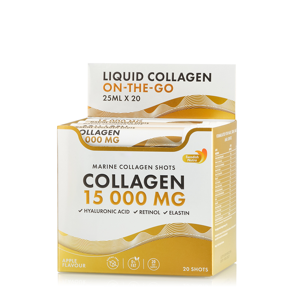 Colagen Marin Hidrolizat Lichid Tip 1 si 3 15.000 mg + Acid Hialuronic 50 mg + Retinol 800 mcg, 25 ml x 20, Swedish Nutra