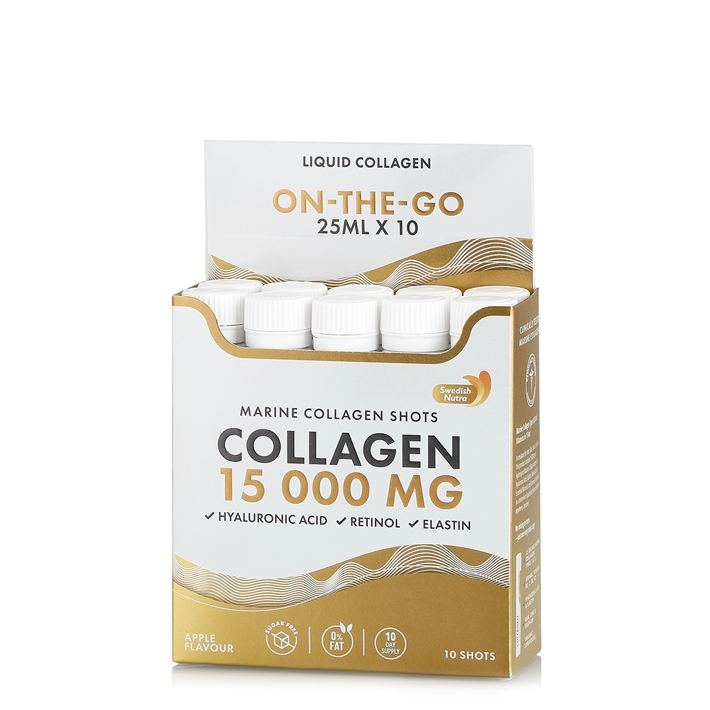 Colagen Marin Hidrolizat Lichid Tip 1 si 3 15.000 mg + Retinol 800 mcg + Acid Hialuronic 50 mg + Elastina 10 mg, 25 ml x 10, Swedish Nutra