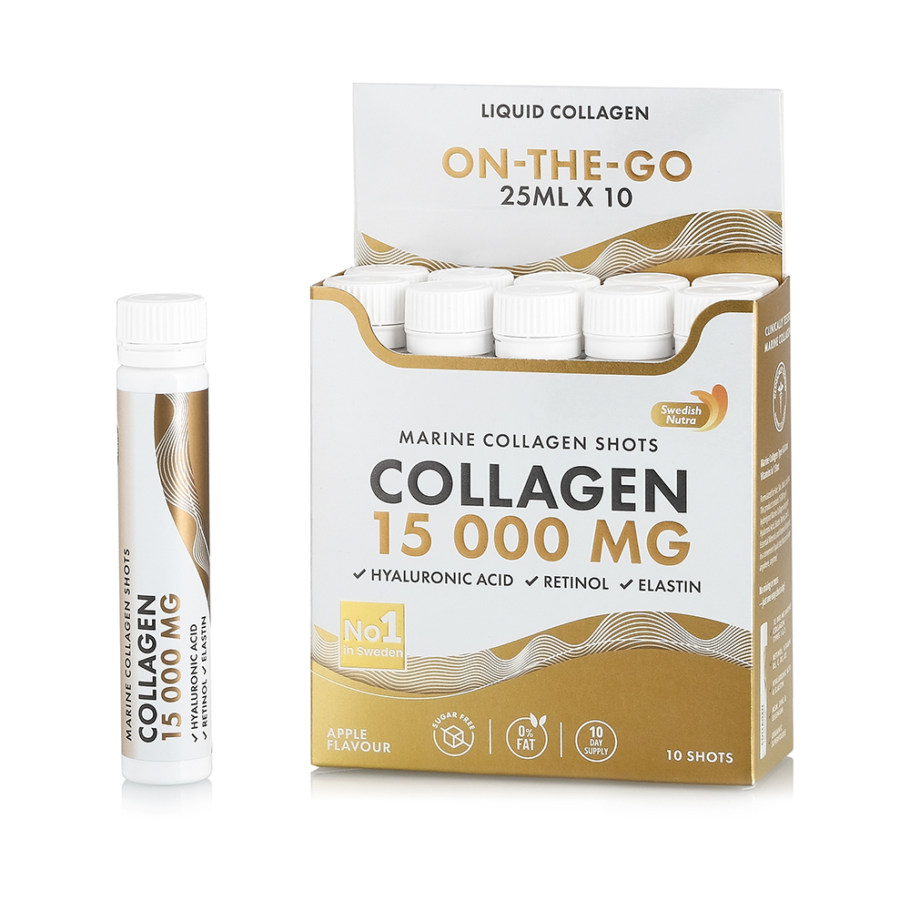 Colagen Marin Hidrolizat Lichid Tip 1 si 3 15.000 mg + Retinol 800 mcg + Acid Hialuronic 50 mg + Elastina 10 mg, 25 ml x 10, Swedish Nutra