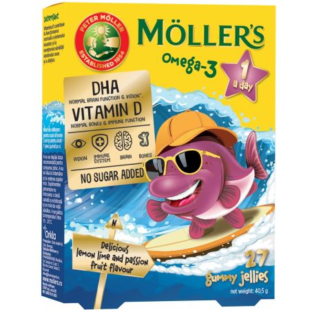 Pestisori gumati cu Omega-3 si aroma de lamaie verde si fructul pasiunii, 27 jeleuri, Moller's 657202