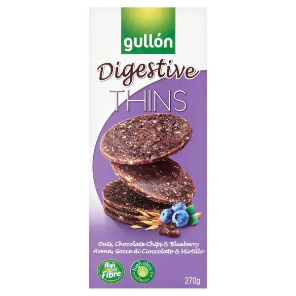 Biscuiti digestivi cu ovaz, afina si chipsuri de ciocolata Digestive Thins, 270 g, Gullon