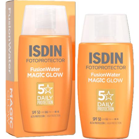 Crema iluminatoare cu protectie solara si particule de sclipici SPF50 PA++++ Fusion Water Magic Glow, 50 ml, Isdin