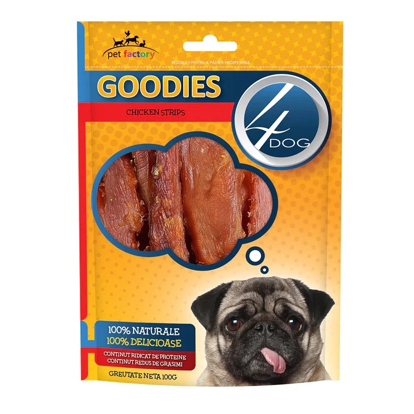 Recompense cu aroma de pui pentru caini Goodies Chicken Strips, 100 g, Pet Factory