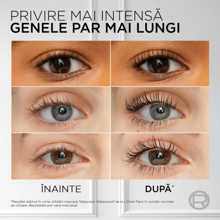 Mascara pentru alungire extrema rezistent la apa Telescopic Waterproof Black, 8 ml, L'Oreal Paris 657570