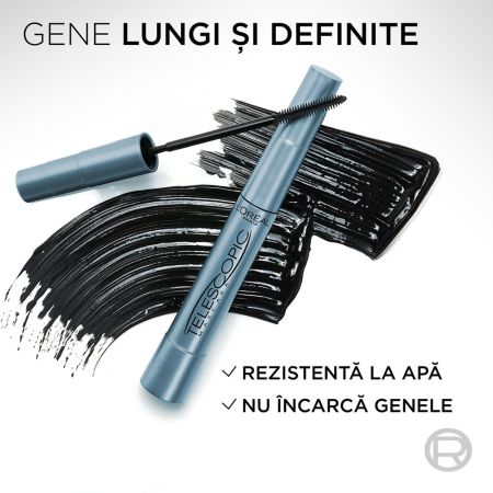 Mascara pentru alungire extrema rezistent la apa Telescopic Waterproof Black, 8 ml, L'Oreal Paris 657576