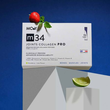 Colagen PRO bovin cu aroma de capsuni, lamaie si menta m34, 15 plicuri x 13 g, Molecules of Youth 659342