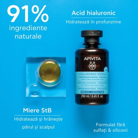 Sampon hidratant cu miere si acid hialuronic Hyaluronic Hydra, 250 ml, Apivita 657755