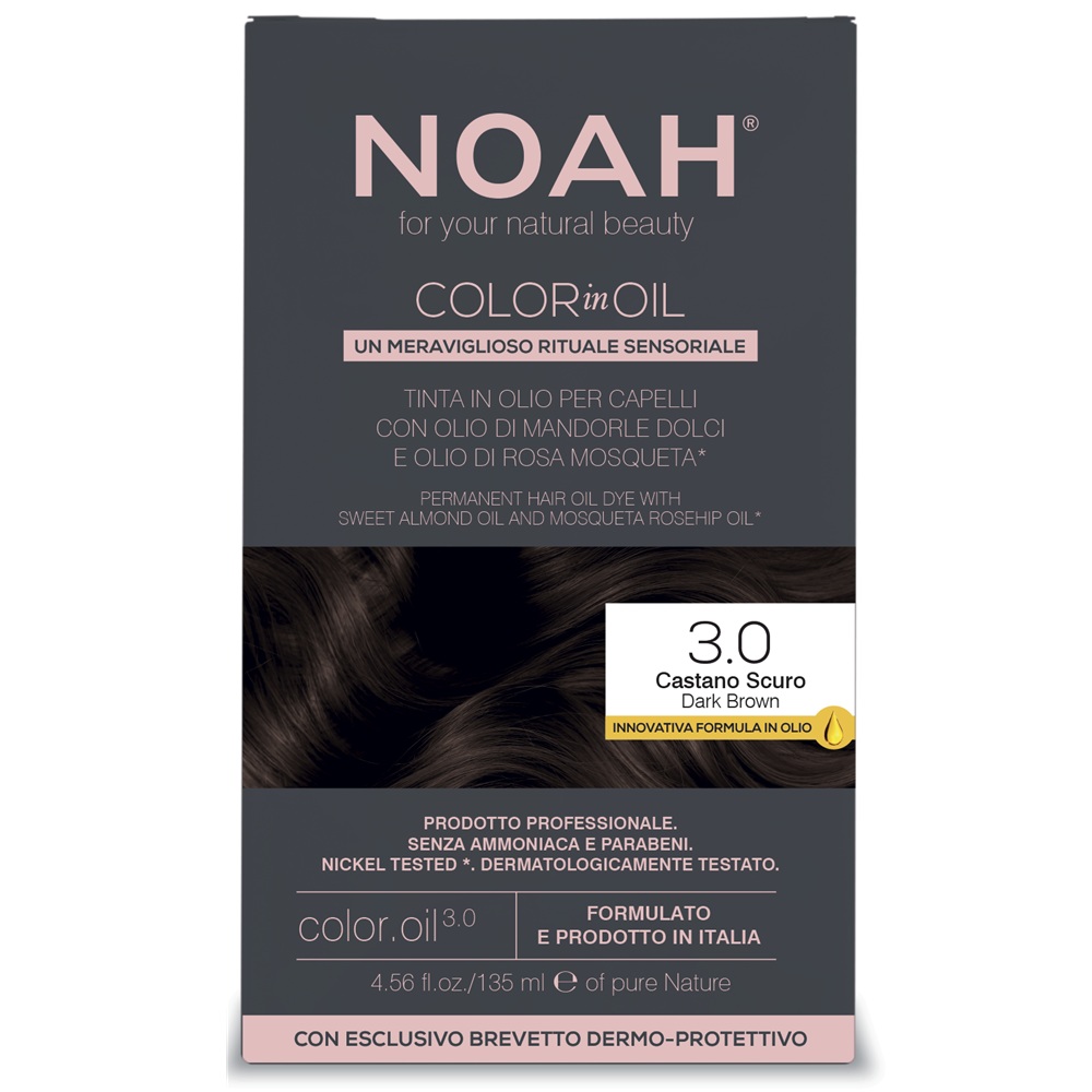 Vopsea de par permanenta fara amoniac pe baza de ulei 3.0 Dark Brown Color in Oil, 135 ml, Noah