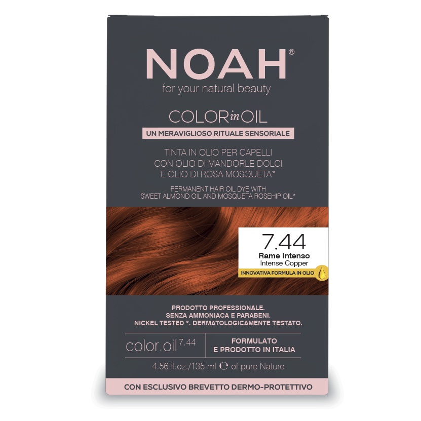 Vopsea de par permanenta fara amoniac pe baza de ulei 7.44 Intense Copper Color in Oil, 135 ml, Noah