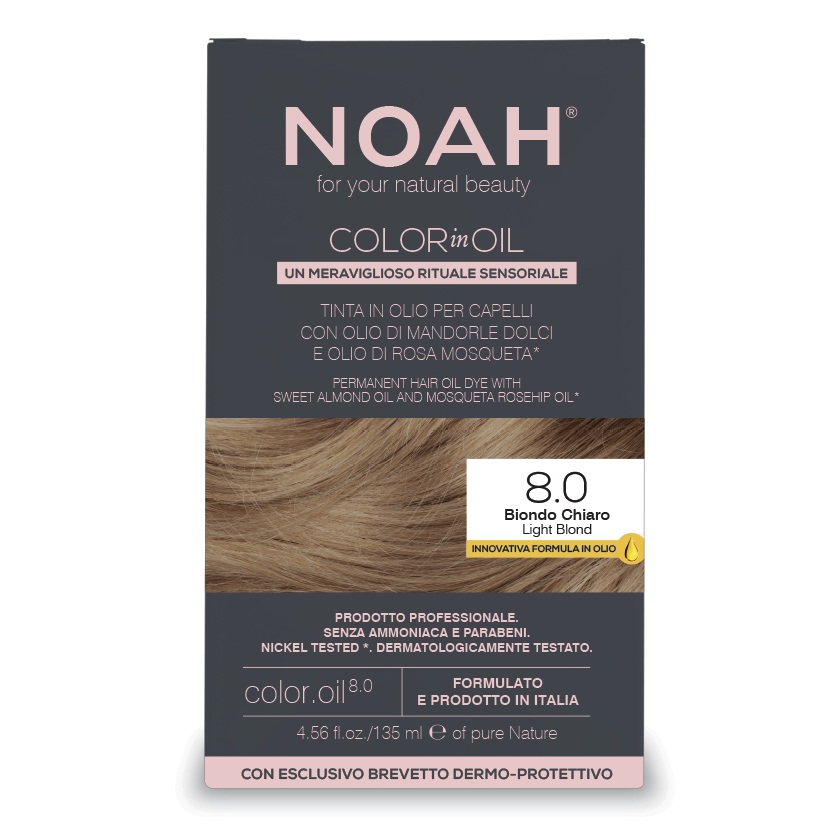 Vopsea de par permanenta fara amoniac pe baza de ulei 8.0 Light Blond Color in Oil, 135 ml, Noah