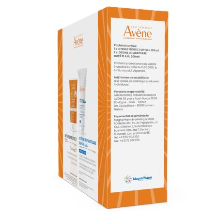 Pachet Lotiune protectie solara cu SPF 50+ Intense Protect 150 ml + Lotiune reparatoare dupa plaja 200 ml Sun Care, Avene 660194