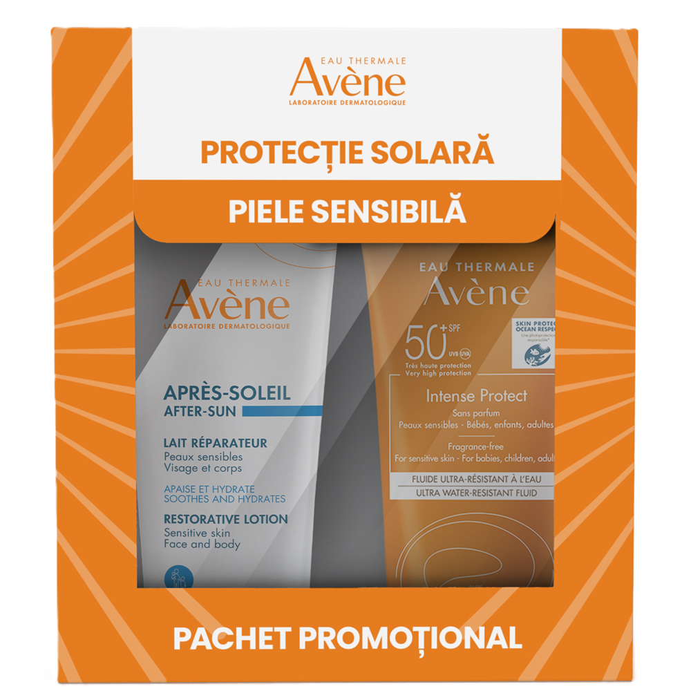 Pachet Lotiune protectie solara cu SPF 50+ Intense Protect 150 ml + Lotiune reparatoare dupa plaja 200 ml Sun Care, Avene