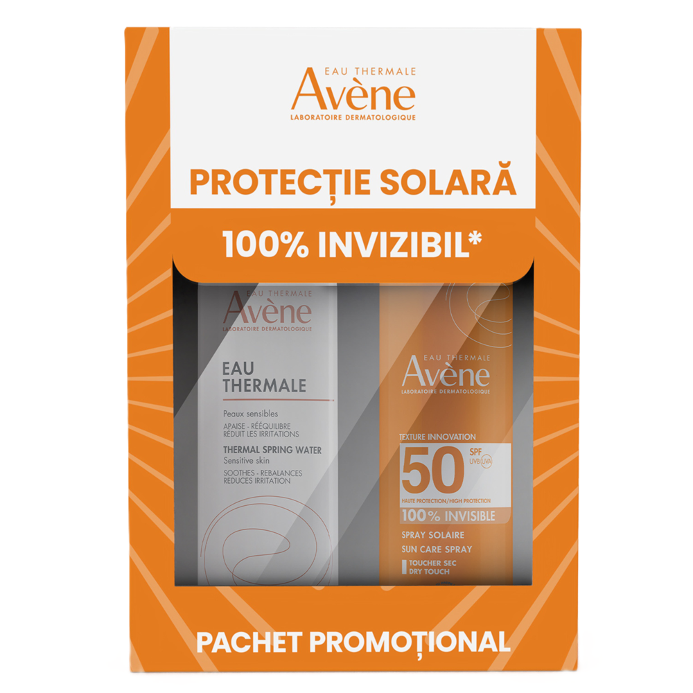 Pachet Spray pentru protectie solara cu SPF 50 200 ml + Apa termala spray 150 ml, Avene