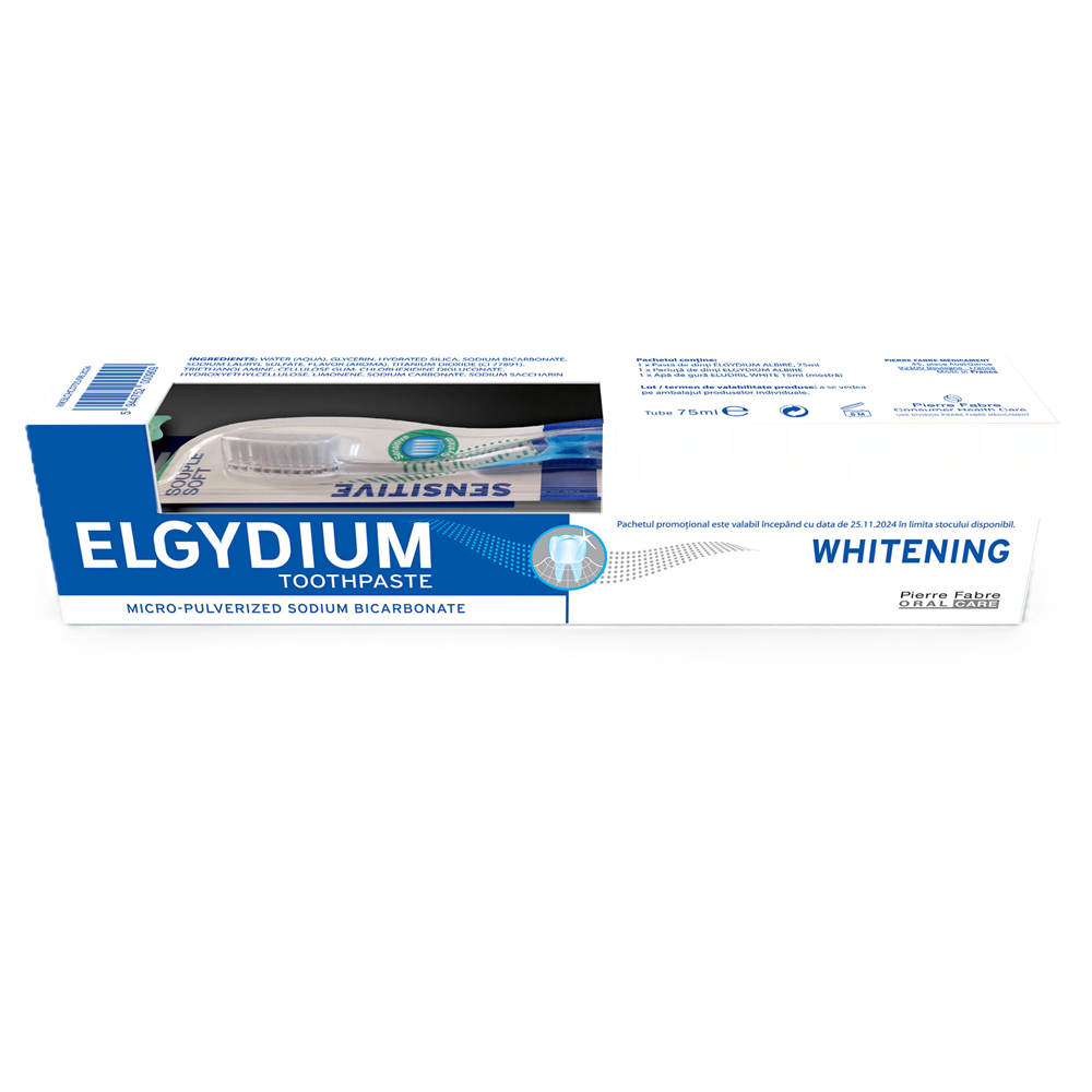 Pachet Pasta de dinti pentru albire 75 ml + Periuta de dinti M Whitening, Elgydium