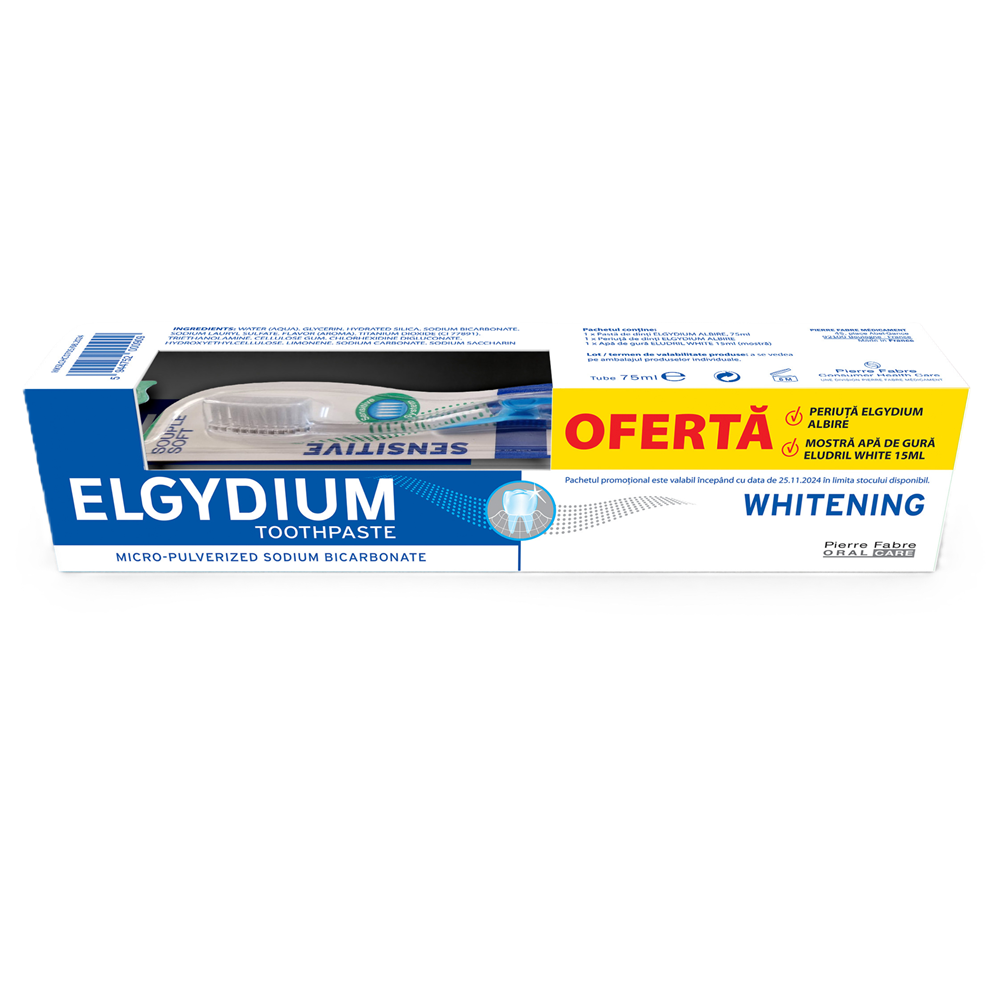 Pachet Pasta de dinti pentru albire 75 ml + Periuta de dinti M, Elgydium
