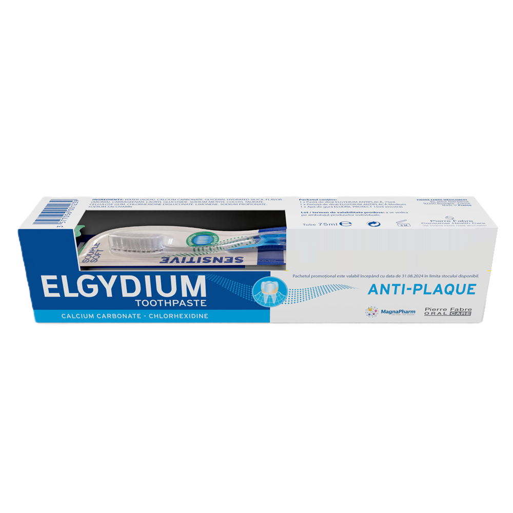 Pachet Pasta de dinti antiplaca 75 ml + Periuta de dinti Clinix M Anti-Plaque, Elgydium