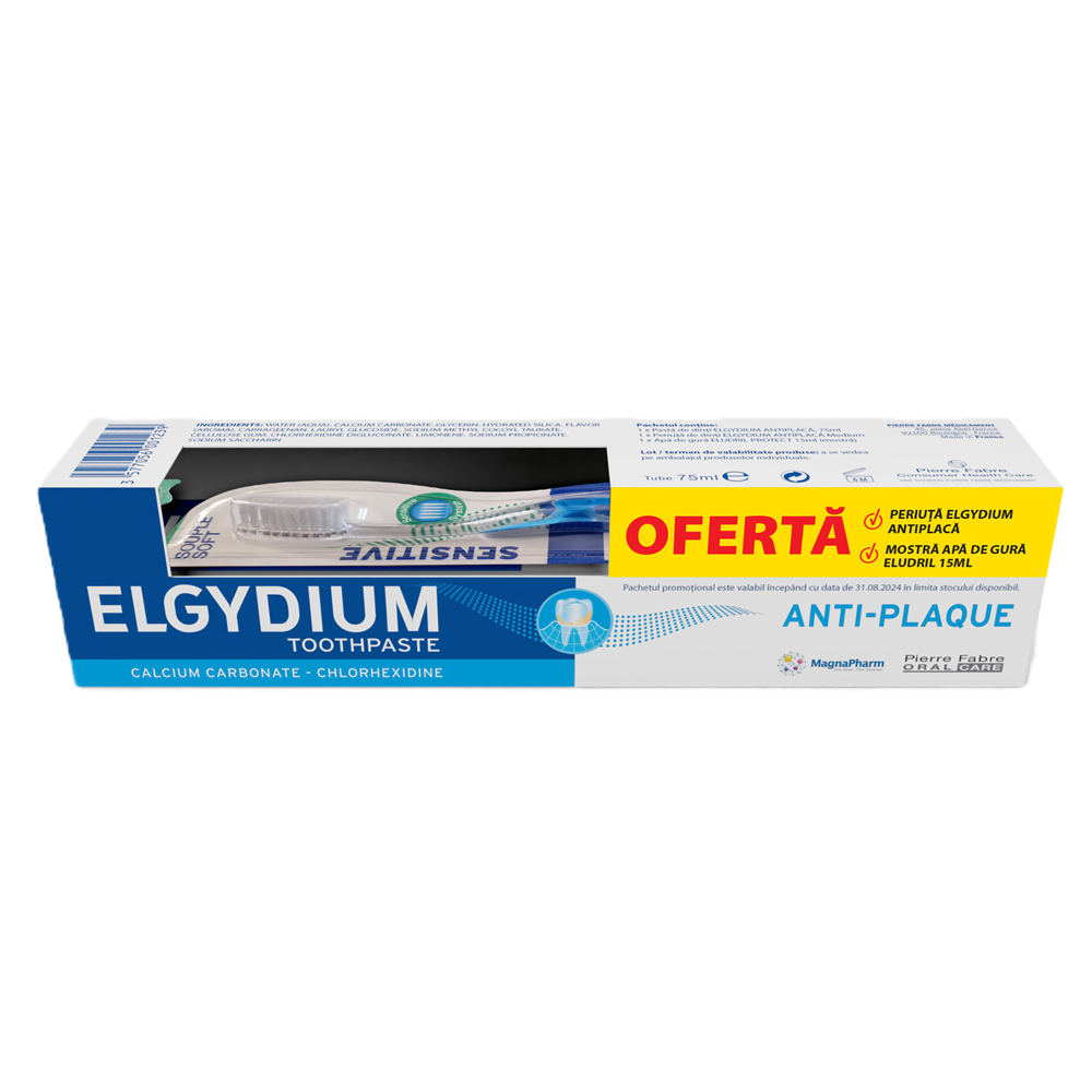 Pachet Pasta de dinti antiplaca 75 ml + Periuta de dinti Clinix M, Elgydium