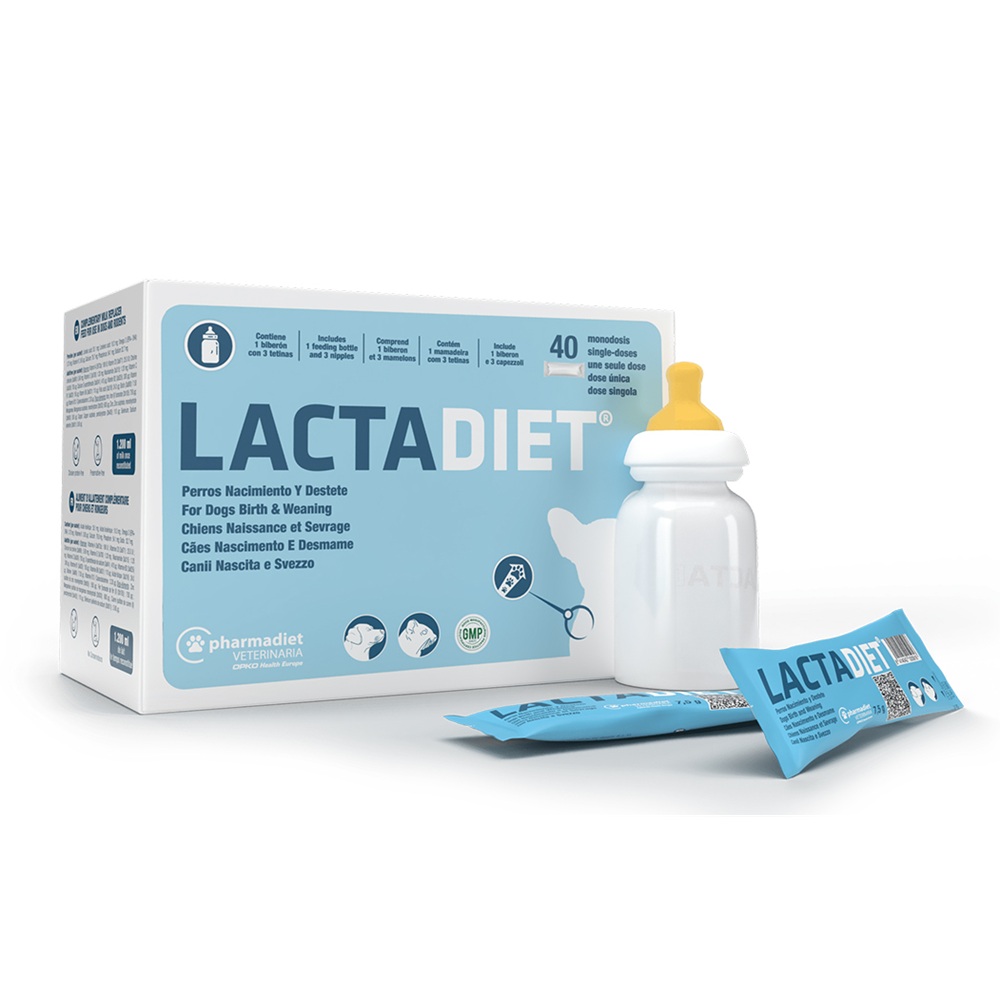 Inlocuitor de lapte cu Omega 3 pentru caini, iepuri si rozatoare Lactadiet Nastere&Intarcare, 40x7.5 g, Pharmadiet Veterinaria
