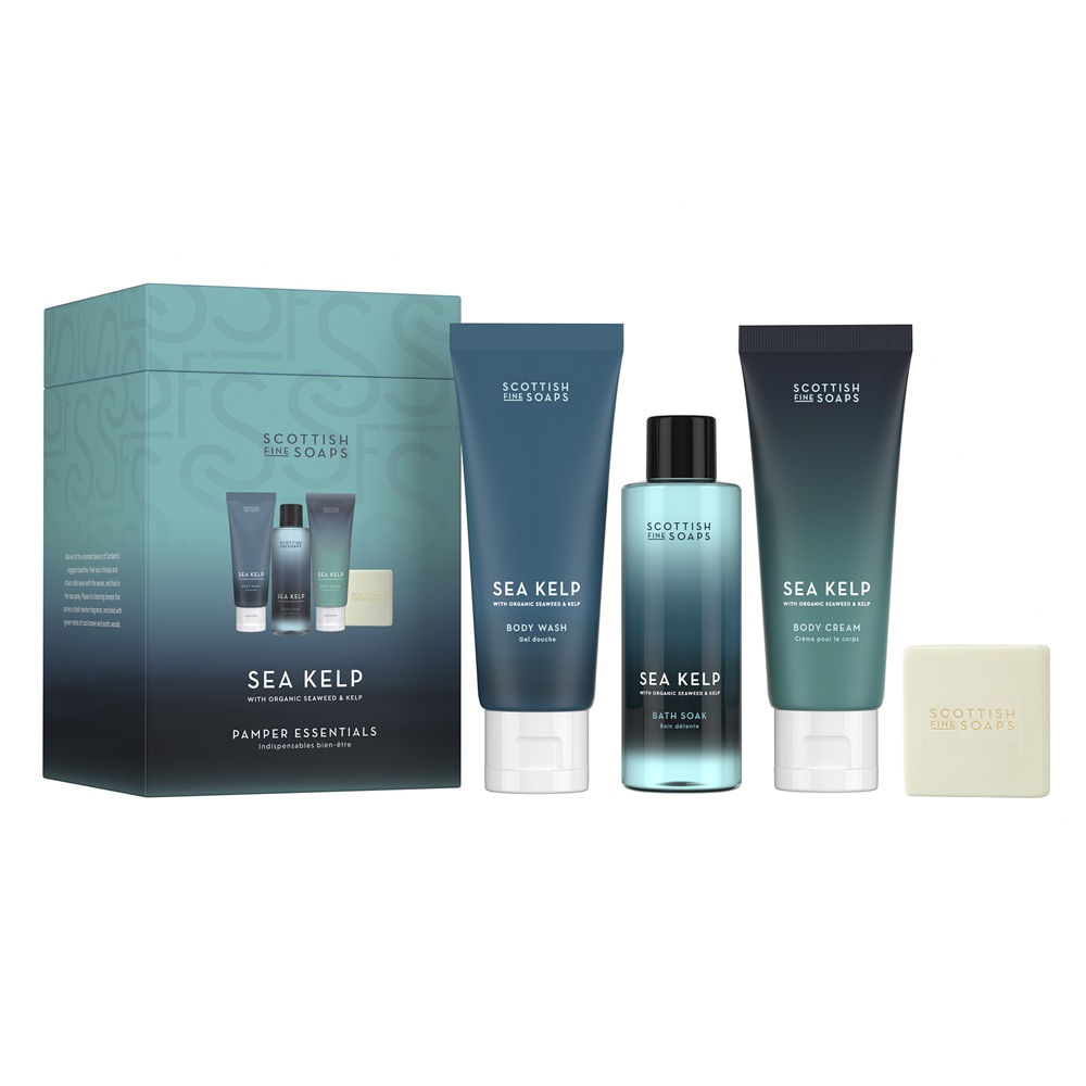 Set Gel de dus cu acid lactic 75 ml + Crema gidratanta pentru corp cu acid hialuronic 75 ml + Spumant cu extract de castraveti 100 ml + sapun pentru maini si corp 40 g Sea Kelp, Scottish Fine Soaps