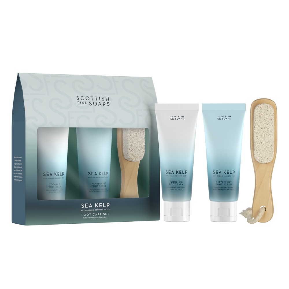 Set Exfoliant pentru picioare cu menta 75 ml + Balsam racoritor pentru picioare 75 ml + Piatra ponce cu maner Sea Kelp, Scottish Fine Soaps