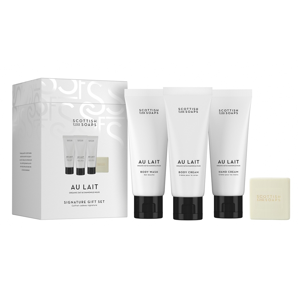 Set Crema pentru maini 75 ml + Crema de corp 75 ml + Gel de dus cu lapte de ovaz si musetel 75 ml + Sapun 40 g Au Lait, Scottish Fine Soaps