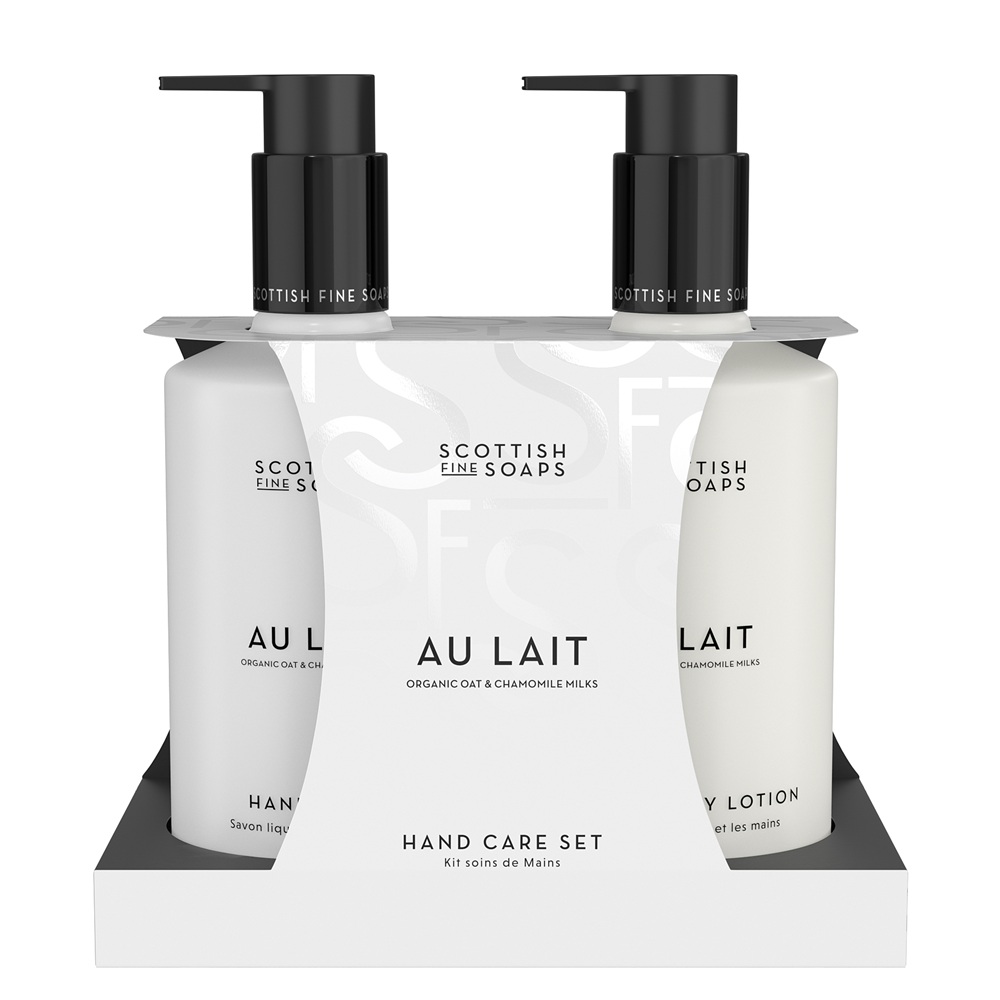 Set Sapun lichid pentru maini cu lapte de ovaz si musetel 300 ml + Lotiune pentru maini si corp cu lapte de ovaz si musetel 300 ml Au Lait, Scottish Fine Soaps