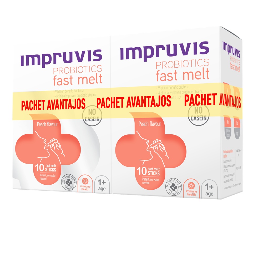 Pachet Impruvis Probiotic Fast Melt cu aroma de piersica, 2x10 plicuri, Impruvis