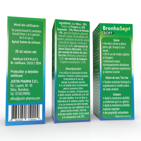 Spray oral cu albastru de metilen BronhoSept Soft, 20 ml, Justin Pharma 720672