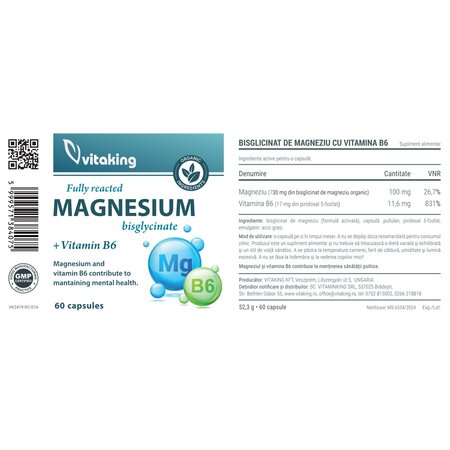 Bisglicinat de magneziu cu vitamina B6, 60 capsule, Vitaking 709894
