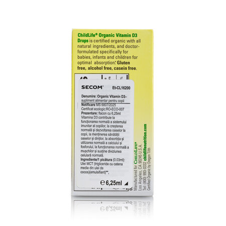 Picaturi organice cu vitamina D3 Childlife Essentials, 400 UI, 6.25 ml, Secom 727146