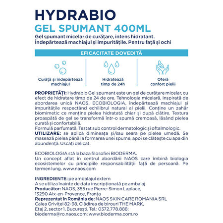 Gel Spumant Hydrabio, 400 ml, Bioderma 732893