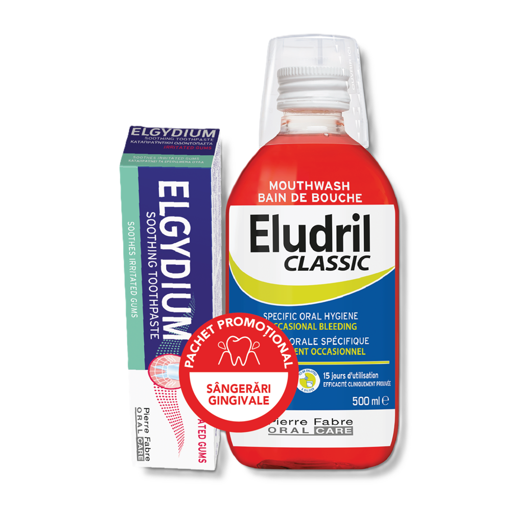 Pachet Pasta de dinti pentru gingii iritate 75 ml + Apa de gura Eludril 500 ml, Elgydium